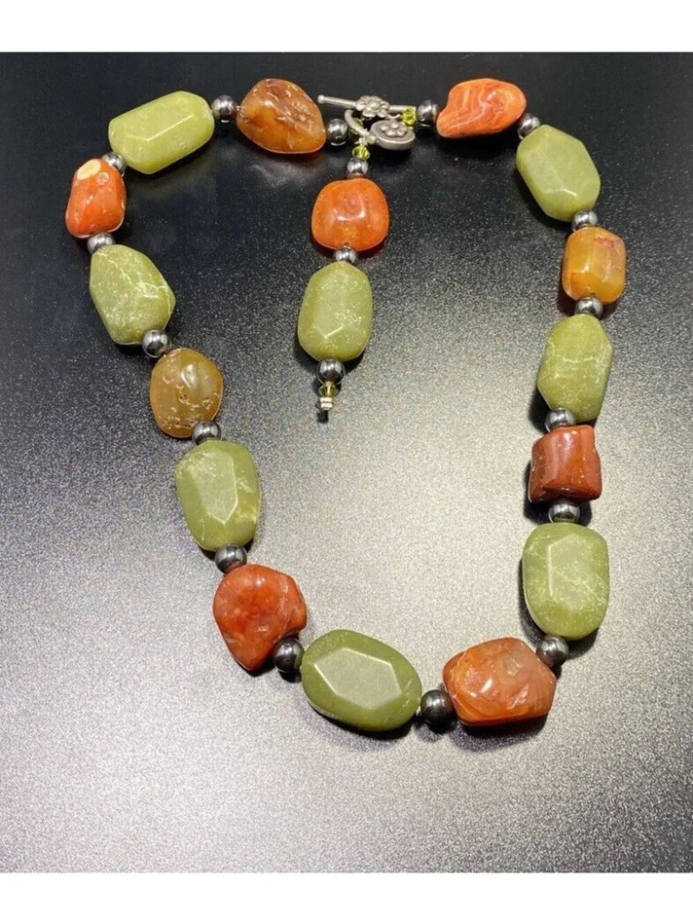 925 Multi Gemstone Toggle Necklace Floral Closure Agate Carnelian Beaded